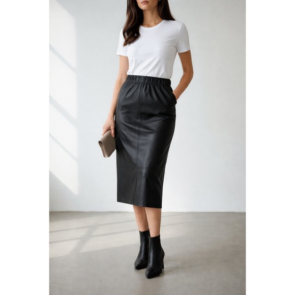 Bettina Vintage Black Genuine Leather Midi Skirt Elastic Waist Womens M US 8